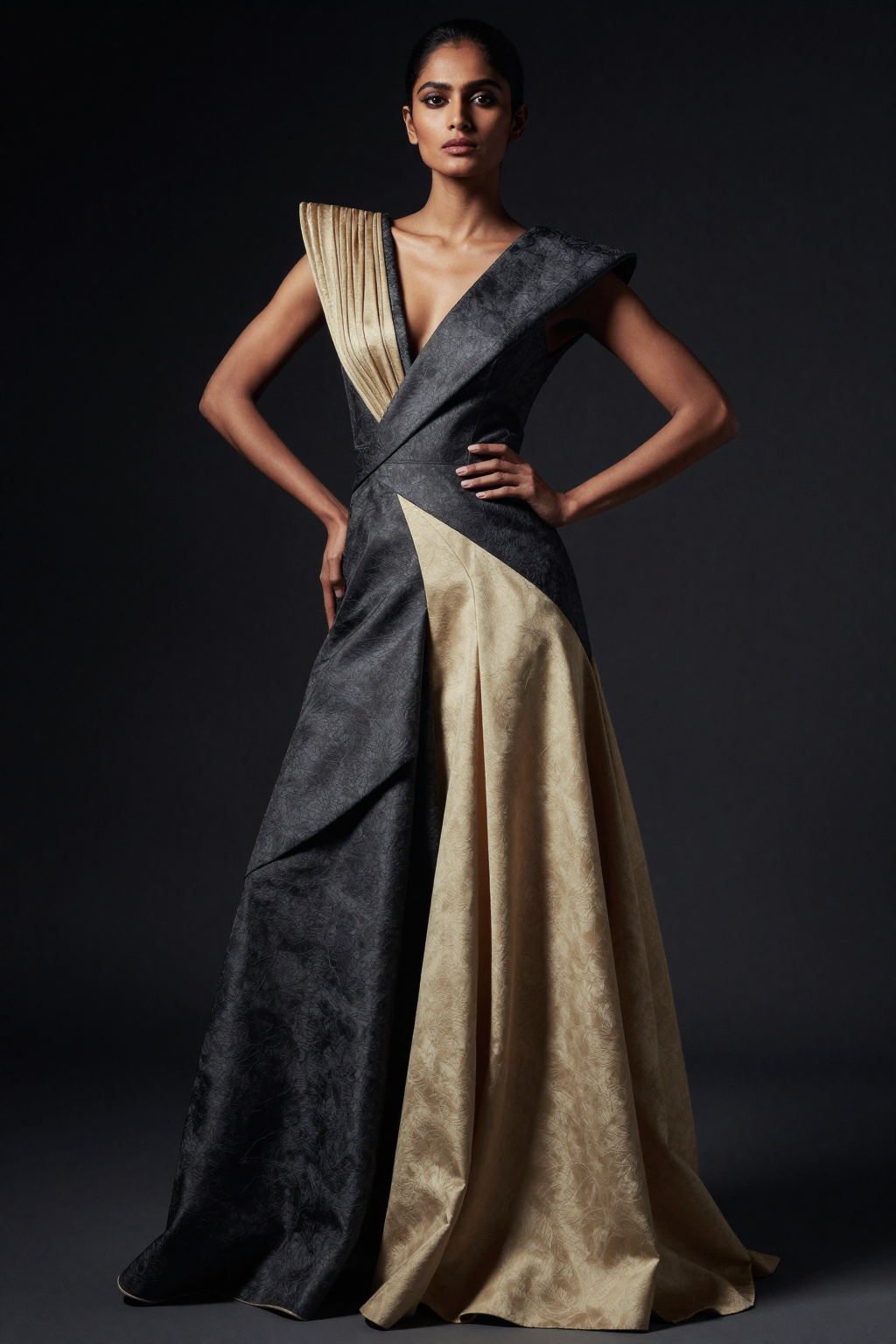 A black-and-gold couture fashion editorial, generated in-house.
